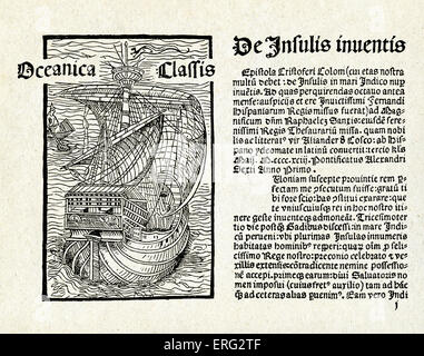 Christopher Columbus' letter.  Written 14 February 1493 on the caravel (ship) 'Nina'.  Latin translation and introduction by Stock Photo