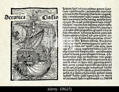 Christopher Columbus' letter.  Written 14 February 1493 on the caravel 'Nina'.  Latin translation  by Leander de Cosco, facing Stock Photo