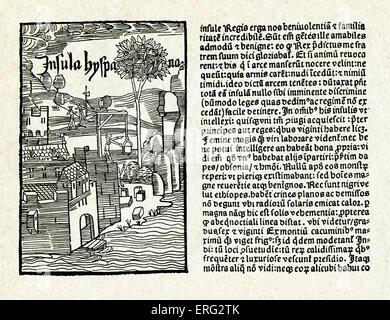 Christopher Columbus' letter.  Written 14 February 1493 on the caravel 'Nina'.  Latin translation  by Leander de Cosco, facing Stock Photo