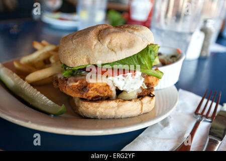 Fried Fish Sandwich with Fries Stock Photo