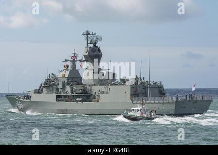 The Australian Frigate, HMAS Anzac  (FFH150) departing Portsmouth, UK on the 1st June 2015. Stock Photo