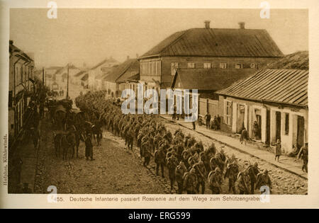 Eastern Front towns under World War I German occupation. Taken from photograph, shows German infantry troops passing through Stock Photo