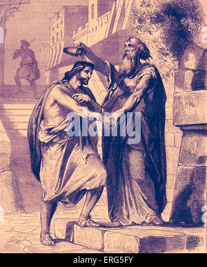 Samuel anointing Saul - Bible, Samuel X, 1: ' Then Samuel took a vial of oil, and poured it upon his head, and kissed him, and Stock Photo
