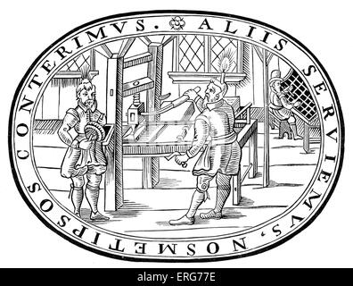 English printing office in 1619, reproduced from the front cover of Robert Pont's 'De Sabbaticorum Annorum Periodis Chronologica a Mundi Exordio Ad Nostra Vsque Secula Et Porro Digestio', printed by William Jones in 1619. Stock Photo