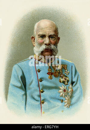 Emperor Franz Josef / Joseph I of Austria - commemoration card with a portrait and two views of Vienna. Commemorating 60 years, Stock Photo