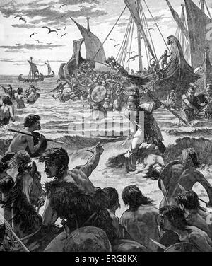 Roman invasion of Britain - early 20th century illustration. Landing on the coast of Kent. Invasion commanded by Julius Caesar in 55 BC - considered to be either an unsuccessful mission or a reconnaissance mission. Gaius Julius Caesar, Roman military general and statesman, c. 13 July 100 BC – 15 March 44 BC. Stock Photo