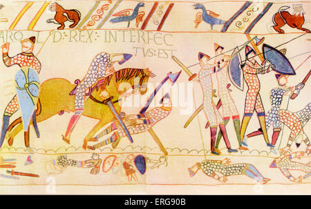 The Death of Harold at the Battle of Hastings, 1066. Detail from the Bayeux Tapestry/ Tapisserie de Bayeux: La telle du conquest (a 0.5-by-68.38-metre (1.6 by 224.3 ft) long embroidered cloth depicting the events leading up to the Norman conquest of England as well as the events of the invasion itself, annotated in Latin. It is exhibited in a special museum in Bayeux, Normandy called Musée de la Tapisserie de Bayeux.) Stock Photo