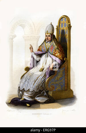 Pope Sylvester II (or Silvester II), born Gerbert d'Aurillac. Prolific scholar, teacher, and Pope. c. 940-1003.  Engraving by Stock Photo