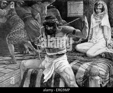 Samson breaks his cords by J James Tissot. Illustration to the Book of Judges 16.9 : 'Now there were men lying in wait, abiding with her in the chamber. And she said unto him, The Philistines be upon thee, Samson'. JT: French painter, 15 October 1836 – 8 August 1902 Stock Photo