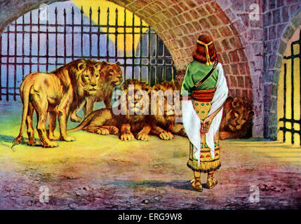 Daniel in the lions' den - after illustration by J James Tissot. Book of Daniel, Old Testament. Stock Photo