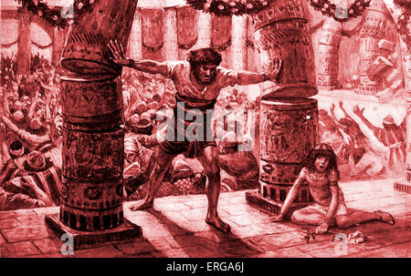 'Samson puts down the pillars' by J James Tissot. Samson pushes over the pillars at the Philistine temple at a sacrificial Stock Photo