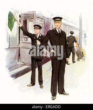 Railway Staff uniforms, 1920-30s: English  train conductor and railway station master. Stock Photo