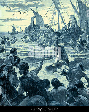 Roman invasion of Britain - early 20th century illustration. Landing on the coast of Kent. Invasion commanded by Julius Caesar in 55 BC - considered to be either an unsuccessful mission or a reconnaissance mission. Gaius Julius Caesar, Roman military general and statesman, c. 13 July 100 BC – 15 March 44 BC. Stock Photo