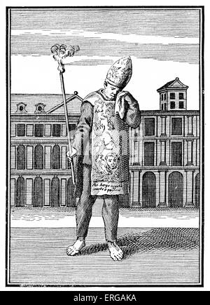Sanbenito (sambenito)- a penitential garment worn  during the Spanish Inquisition (after Picart)  . The tunic of yellow cloth