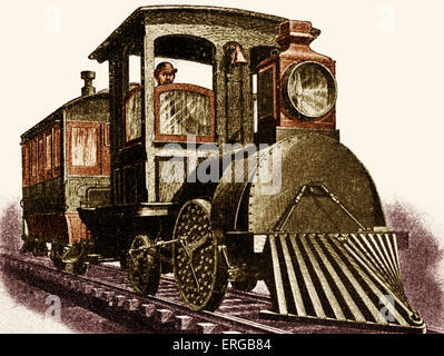 Electric locomotive by Edison, 1880. Track giving positive and negative charge. Thomas Alva Edison  - American inventor, Stock Photo
