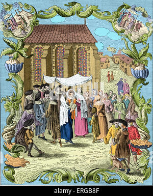 Jewish wedding ceremony under marriage canopy (huppah, chuppah, chuppa) amongst the German (Ashkenazi ) Jews.Published in 1748 Stock Photo