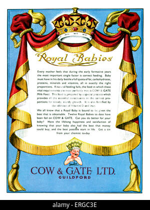 Advertisement for Cow & Gate baby baby milk powder.  Caption reads: Royal Babies - implying that royal babies use Cow & Gate. Stock Photo