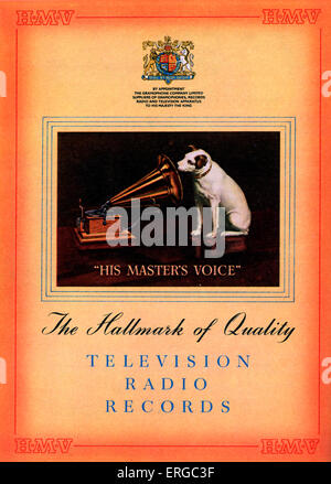 Advertisement for His Masters Voice, HMV. Classic logo of dog listening to his masters voice. Captions reads 'The hall mark of quality, television, radio, records.' Source 1951. Taken from painting by Francis Barraud of his brother's dog, Nipper, listening to recording of his dead master on cylinder phonograph. Bought by The Gramophone Company and used as publicity from 1900. Image later modified and simplified to reflect The Gramophone Company's machines. Stock Photo