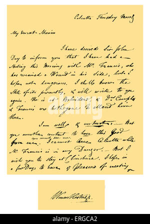 Autograph: Letter from Warren Hastings, Governor-General of Bengal, to his wife. He informs her of his duel with Philip Francis, a member of the council in Calcutta on the morning of Thursday, 17 August 1780. Detached signature: Warren Hastings (taken from another letter to his wife in the same volume). First Governor-General of India, 6 December 1732 – 22 August 1818. Source: British Museum. Stock Photo