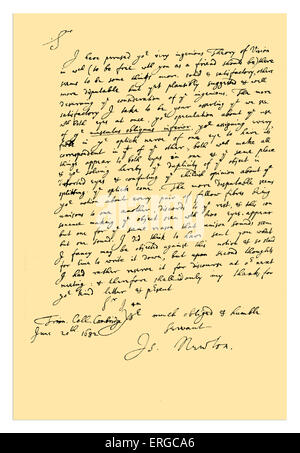 Autograph: Letter from Sir Isaac Newton to William Briggs, commending his 'New Theory of Vision', but dissenting from some of Stock Photo