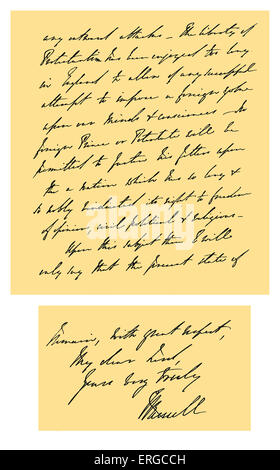 Autograph: Letter, commonly known as the 'Durham letter', written by Earl Russell as Lord Russell, First Lord of the Treasury to Edward Maltby, Bishop of Durham. Lord Russell writes on the aggression of the Pope in establishing Roman Catholic bishropics in England, and on the Romish tendencies of certain clergymen of the English Church. Letter written at Downing Street, 4 November 1850 and presented in 1896 by Lieutenant G.R. Maltby. English Whig and Liberal Politician; twice Prime Minister of the United Kingdom, 18 August 1792 – 28 May 1878. Source: British Museum. Stock Photo