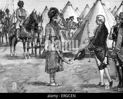 Shah Alam II, the Great Mughal, sovereign of Hindustan, entering the English camp, 1764. Signed treaty to guarantee his Stock Photo