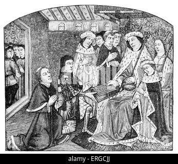 Anthony Woodville presenting Caxton to Edward IV - from engraving of medieval manuscript. Caxton 's first printed manuscript was an English translation by Woodville of Jean de Teonville's French version of a Latin work. The book was published in 1477 entitled 'Dictes and Sayengis of the Philosophers'. Caxton, considered to be the first English person to work as a printer and the first to introduce the printing press to England.C. 1415/1422 – c. March 1492. AW: 2nd Earl Rivers, statesman and literary patron, c. 1442 - 1483. Stock Photo