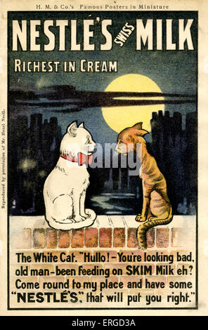 Advertisement for Nestlé's Swiss Milk. (Richest in Cream) Shows a white cat and a skinny brown cat on a wall. Caption reads: Stock Photo