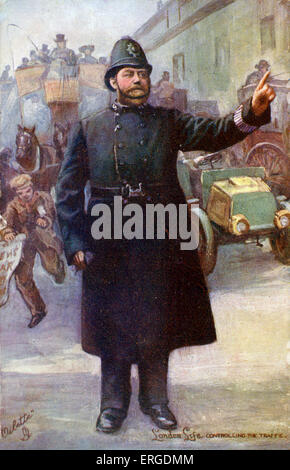 A London policeman directing traffic. In the background is a newsboy / newspaper seller. Caption on back reads: 'Controlling the Traffic. Always calm and cheerful, no matter fine or foul weather, the London Policeman is at his post, with uplifted finger protecting the tired pedestrain and controlling the roaring traffic. He is a feature of London, and has no counterpart in any other capital in the world.' Stock Photo