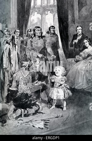 Infant Edward VII plays with Ojibwe chiefs at Windsor Castle - from 1910 illustration by T. Walter Wilson.  Native American Stock Photo