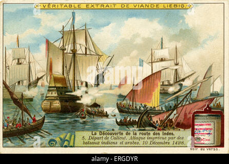 Vasco de Gama 's departure from Calicut, India 10 December 1498. His ships are unexpectedly attacked by Indian and Arab boats. . Liebig Company collectible cards series: 'The Discovery of the Route to India' ( 'La Découverte de la route des Indes' ). Published 1897.VdG: Portuguese explorer, commander of the first ships to sail directly from Europe to India, c. 1460 or 1469 – 24 December 1524. Stock Photo