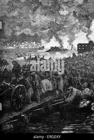 Russian evacuation of Sevastopol  during Crimean War. Siege of Sevastopol  by allied (French, British, Ottoman and Sardinian) Stock Photo