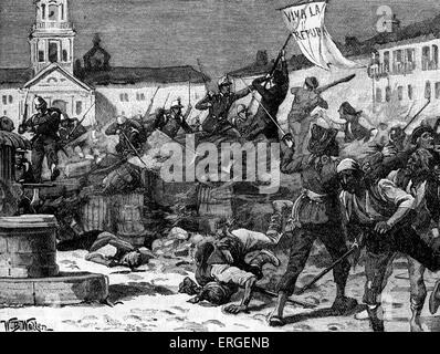 Street fighting in Malaga, Spain during Glorious Revolution (La Gloriosa), 1868. Led to deposition of Queen Isabella II. Late Stock Photo