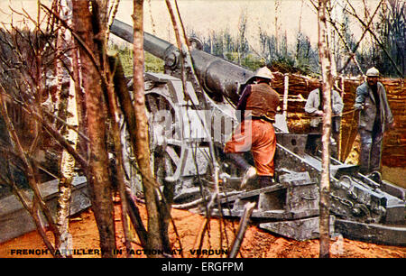 French artillery at Verdun, during World War I. Official photograph of 'La Section Photographique de l'Armée Française'. Battle Stock Photo