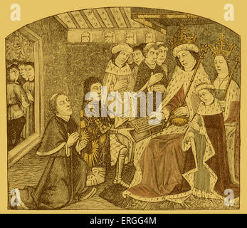 Anthony Woodville presenting Caxton to Edward IV - from engraving of medieval manuscript. Caxton 's first printed manuscript was an English translation by Woodville of Jean de Teonville's French version of a Latin work. The book was published in 1477 entitled 'Dictes and Sayengis of the Philosophers'. Caxton, considered to be the first English person to work as a printer and the first to introduce the printing press to England.C. 1415/1422 – c. March 1492. AW: 2nd Earl Rivers, statesman and literary patron, c. 1442 - 1483. Stock Photo