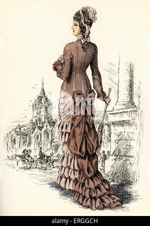 Scottish women 's fashion: 1881 . Illustration with High Kirk and Cathedral of St Giles in background,  Edinburgh  in the 1880s Stock Photo