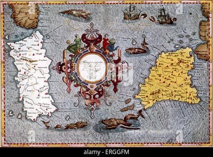 Map of Sardinia and Sicily by Mercator. Published in Ptolemy 's 'Geographica', 1584, Cologne. (Title: Ptolemaei Alexandrini Stock Photo