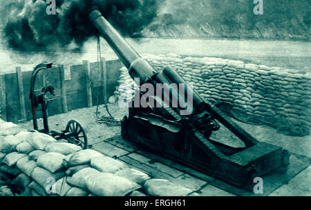 World War 1: Italian 12- inch artillery gun. Positioned on south- west Austrian border in the Italian Alps. 1916. Stock Photo