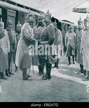 World War I: Reception of Frederick II, Grand Duke of Baden by Field Marshal Paul von Hindenburg and General Erich Ludendorff at the trainstation in Giżycko, Poland (German: Lötzen). From illustration by Alfred Liebing in Leipzig Illustrirte Zeitung. 1915. Stock Photo