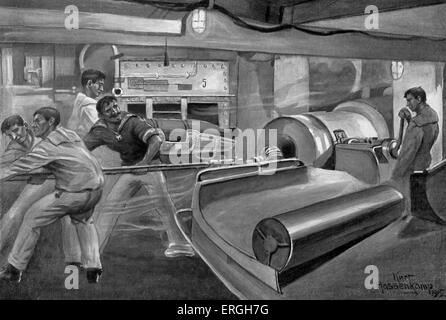 World War 1: German marines in the gun turret . From drawing by Kurt Hassenkamp , completed  on German war ship. 1915. Stock Photo