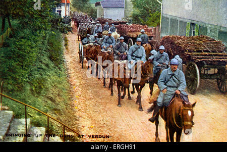 World War 1:  French army at the Battle of Verdun.  21st of February – 18th of December 1916. French soldiers transporting guns Stock Photo