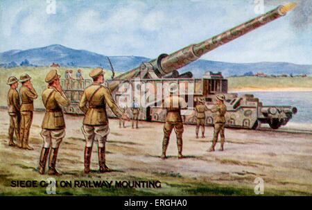 World War 1: British railway mounted artillery gun (siege gun). War Bond Campaign Postcard. Issued in connection with National War Savings Committee Campaigns. Image supplied by Ministry of Information. Design No. 3. Printed in England. Stock Photo