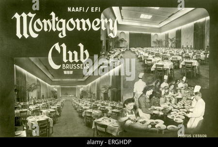 Montgomery Club, Brussels, Belgium - advertisement during World War 2. Club run by  Navy, Army and Air Force Institutes (NAAFI) Stock Photo