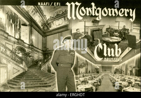 Montgomery Club, Brussels, Belgium - advertisement during World War 2. Club run by  Navy, Army and Air Force Institutes (NAAFI) Stock Photo