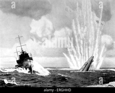 WW2: WW2: French warship 'Sirocco' sinking German U-Boat, 24 November 1930. French destroyer sank two submarines. From British 'Epic Series' Postcards, No. 8. 'Passed for Publication by Ministry of Information'. Stock Photo