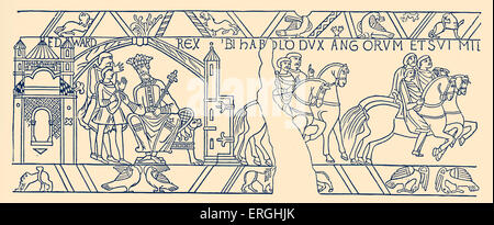 Bayeux Tapestry: Harold leaving Edward the Confessor to set out of his journey to Normandy. 1064. 19th century illustration. H: Harold II, also known as Harold Godwinson, last Anglo-Saxon king of England, c. 1022 – 14 October 1066. Stock Photo