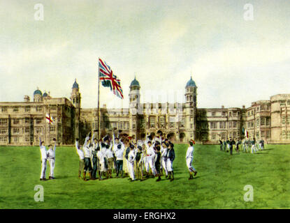 Stonyhurst College - Cheering the Flag. Late 19th century coloured etching by W.J. Allingham (dates unknown), after F.P. Stock Photo