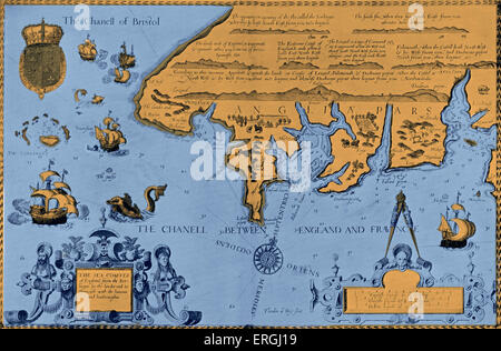 Map of the Sea Coasts of England from the Sorlinges (Scilly Isles) in 'The Mariner's Mirror' by Wagenar - title page. Published Stock Photo