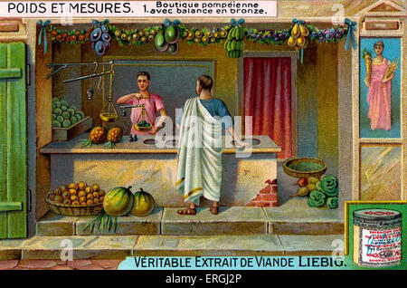 Shop in Pompeii with bronze balance scale. Roman city near Naples, Italy.  Illustration from Liebig collectible card series: Stock Photo