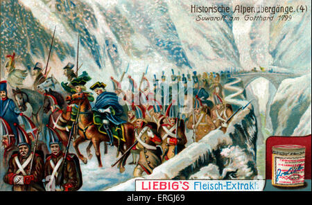 Alexander Suvorov crossing the Alps in 1799 at Gotthard Pass as commander of the Russian Army against French forces. Stock Photo